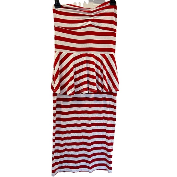 ASOS Striped Peplum Strapless Bodycon Midi Dress Red White Size 8 NWT - Picture 1 of 8